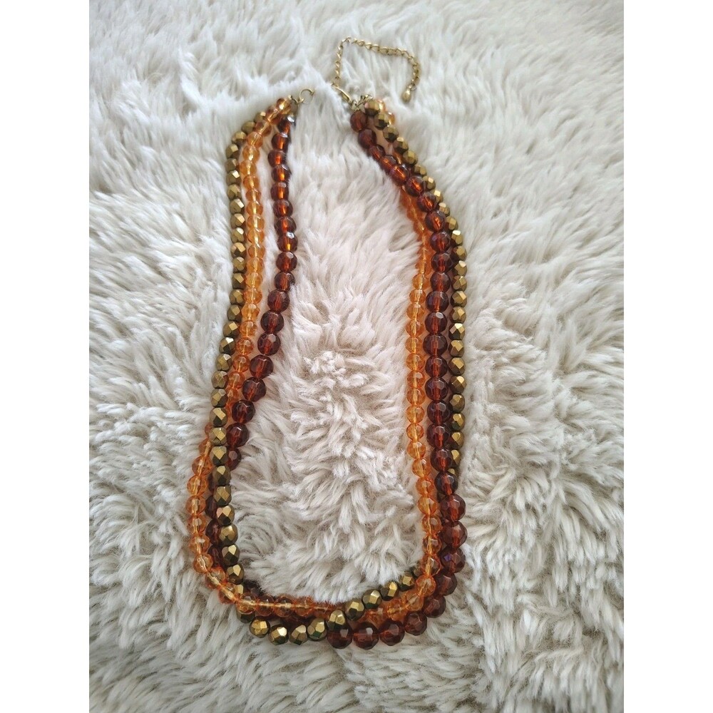 Multi Stand Necklace Amber, Orange,Bronze Tone Faceted Glass Gold Tone